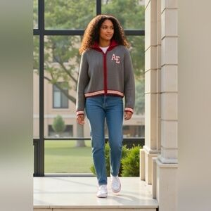 American Eagle Outfitters Women's Gray and Red Varsity Jacket